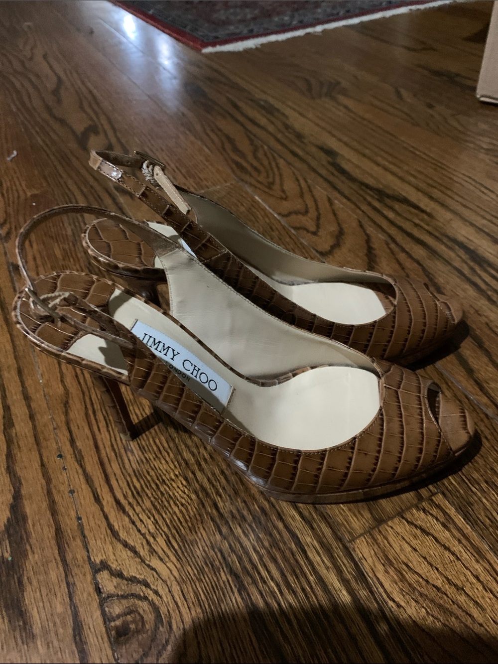 Jimmy Choo Brown Croc-Embossed Peep-Toe Slingback Heels